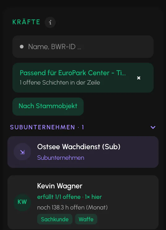 Balerion Security, Dienstplan und Disposition: Die Kräfte-Palette (2/3)