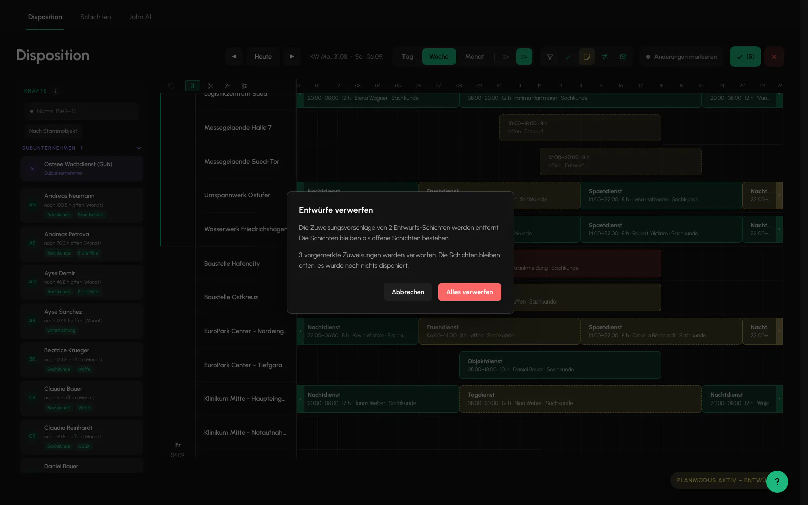 Balerion Security, Dienstplan und Disposition: Planmodus (2/3)