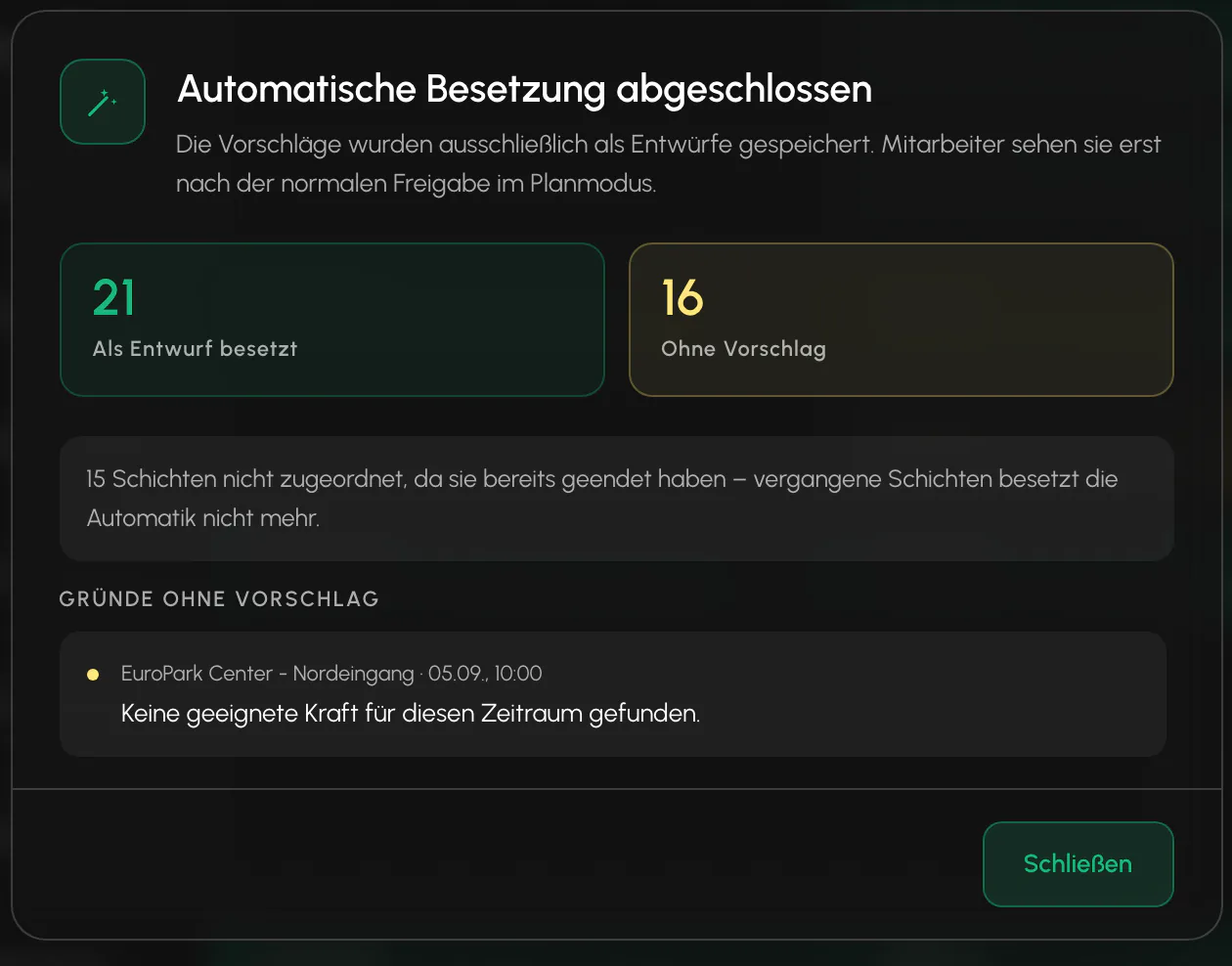 Balerion Security, Dienstplan und Disposition: Automatisch besetzen