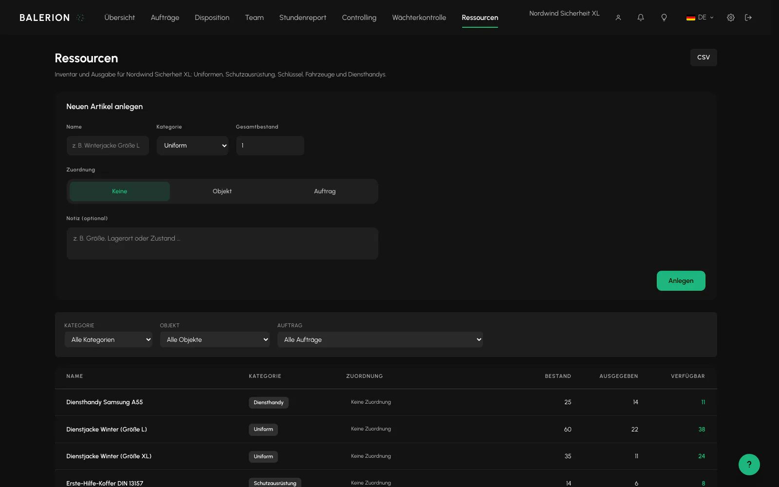 Balerion Security, Inventar und Ausrüstung: Gegenstände und Ausgabe