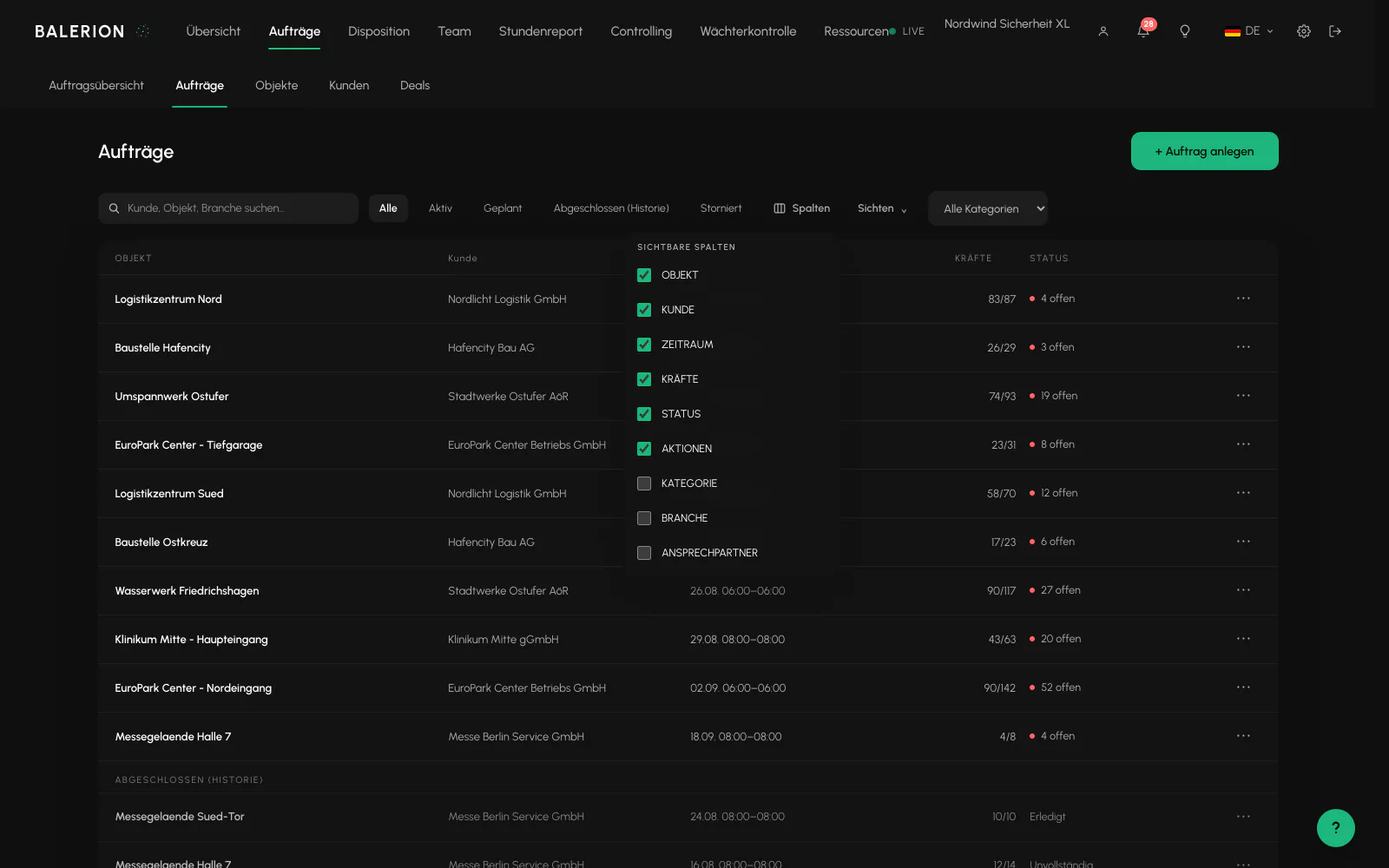 Balerion Security, Listen, Spalten und Sichten: Sortieren und Spalten