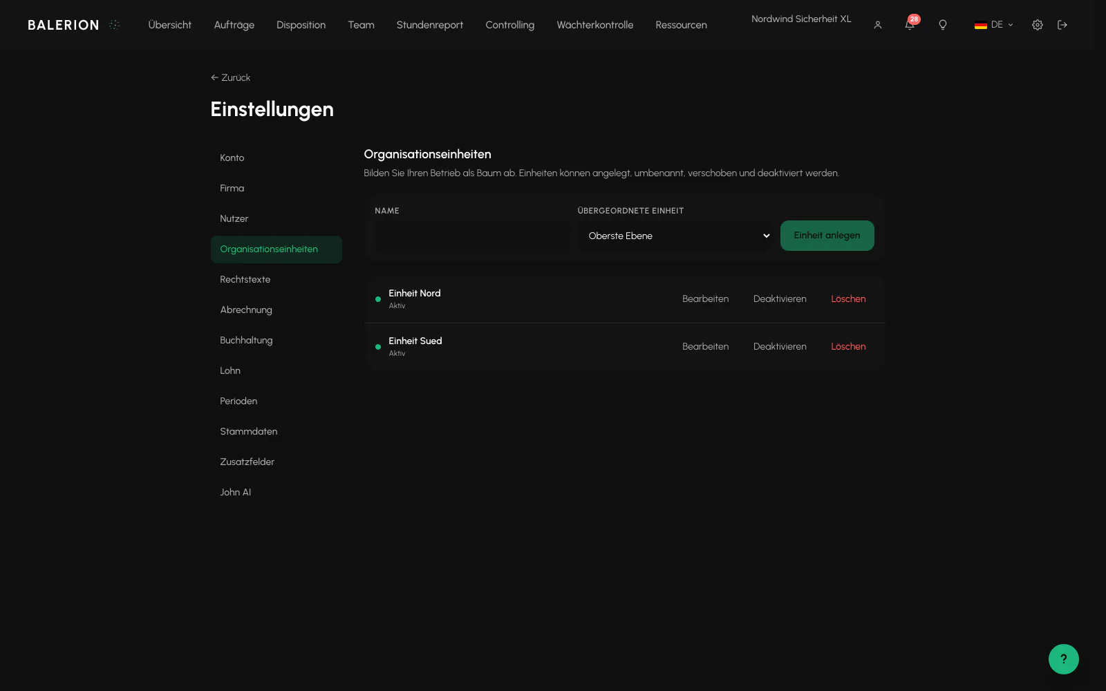 Balerion Security, Organisationseinheiten: Einheiten anlegen