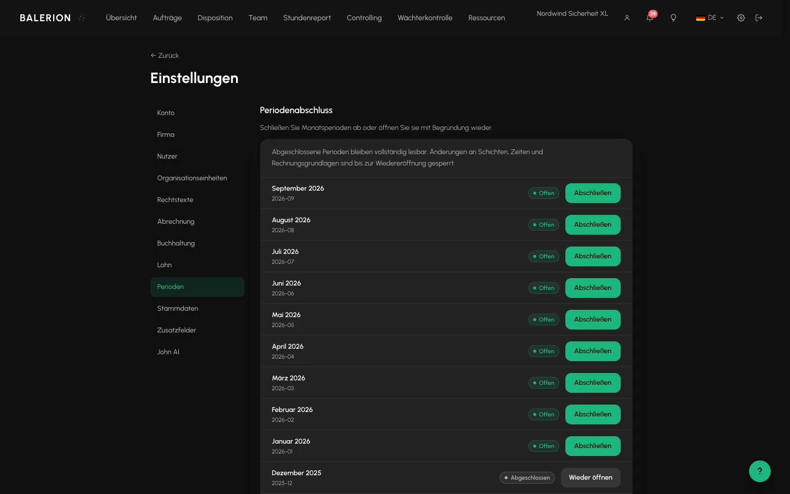 Balerion Security, Periodenabschluss: Abschließen und wieder öffnen