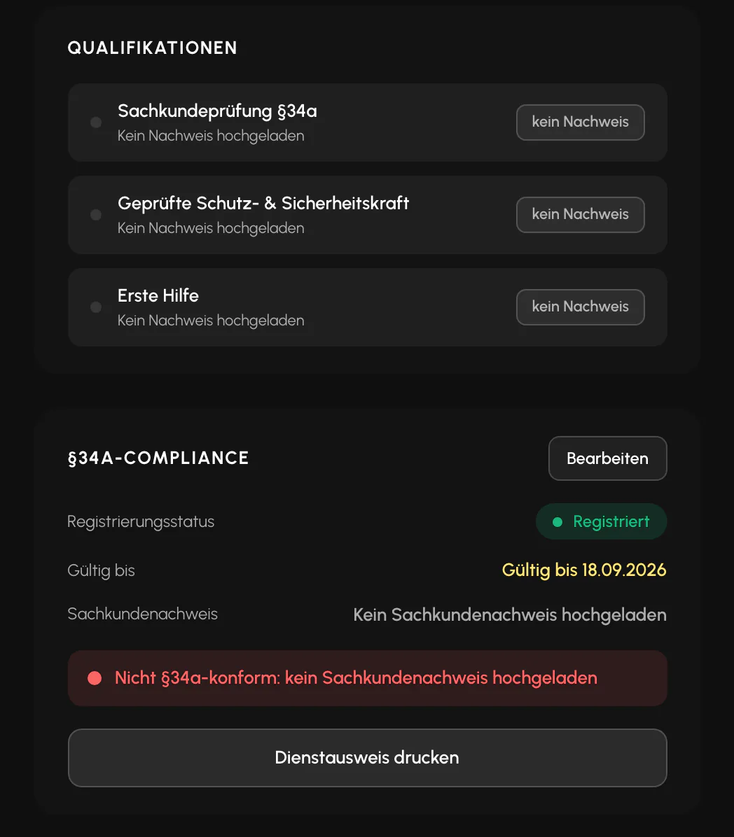 Balerion Security, Qualifikationen und § 34a: Nachweise und Fristen